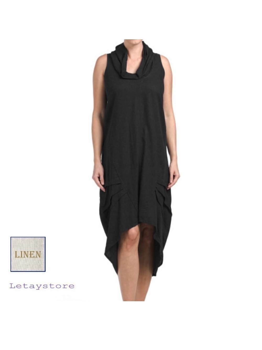 For Cynthia Black Sleeveless Cowl Neck Linen Dress
